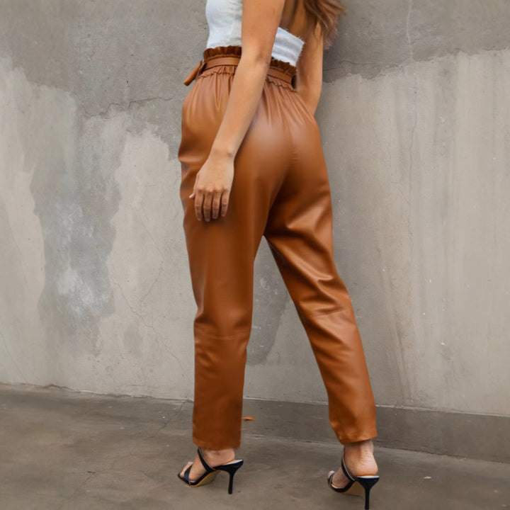 High-waisted faux leather pants for ladies with belt Lune London