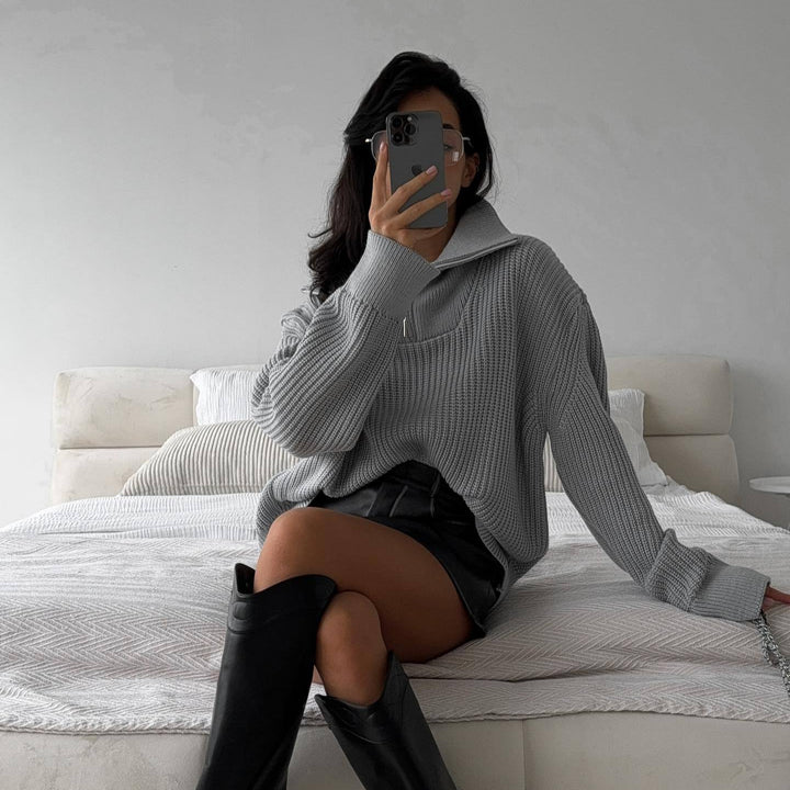 Oversized knit sweater for women with high collar and zipper Lune London