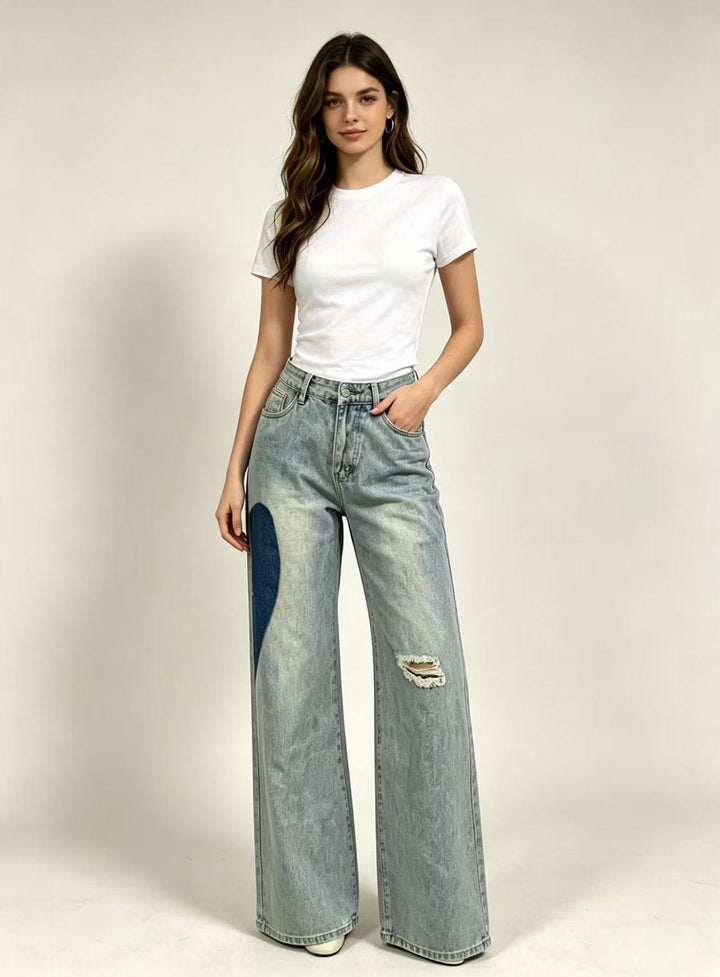 Women wide-cut denim jeans with unique color accents Lune London