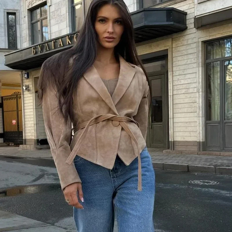 Fashion faux leather jacket for women with a textured design and extravagant shoulder accents Lune London