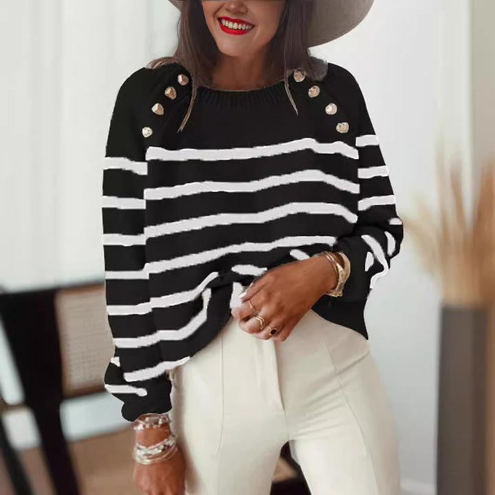 Casual knitted sweater for women with stripes and decorative buttons Lune London