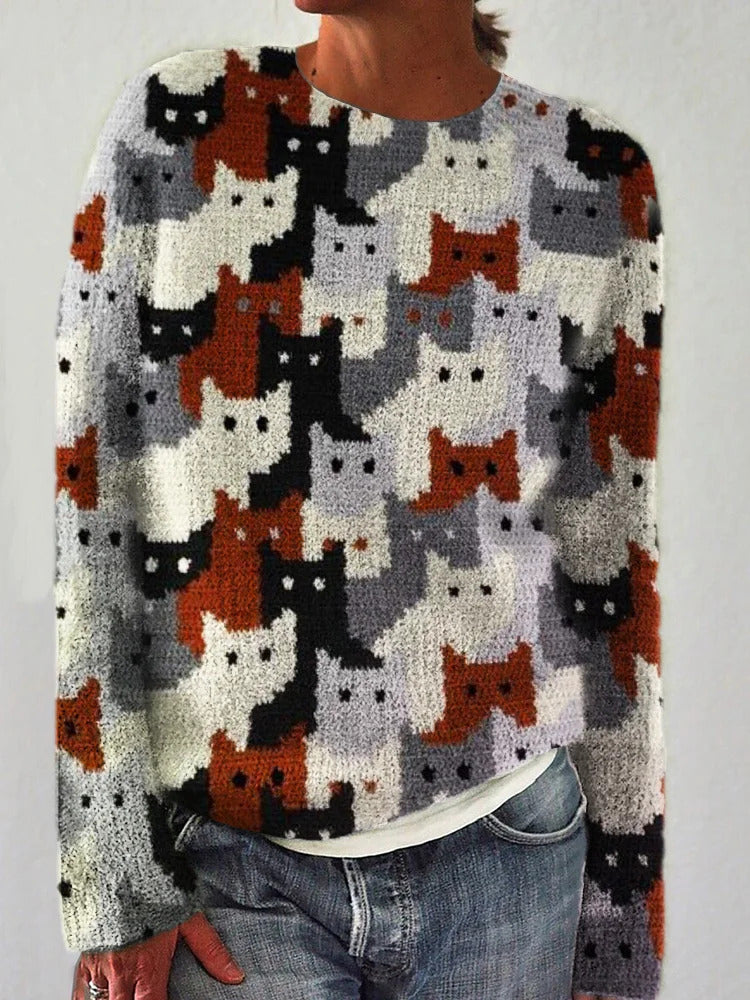 Pull en tricot pour femmes avec un motif de chat ludique Chic & Stil