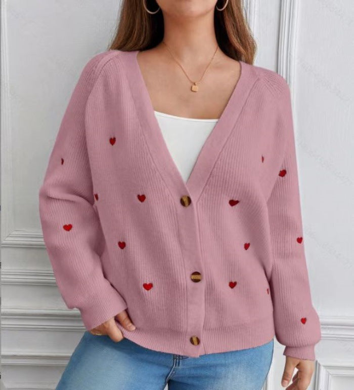 Ladies casual cardigan with heart-shaped appliqués and deep V-neck Lune London
