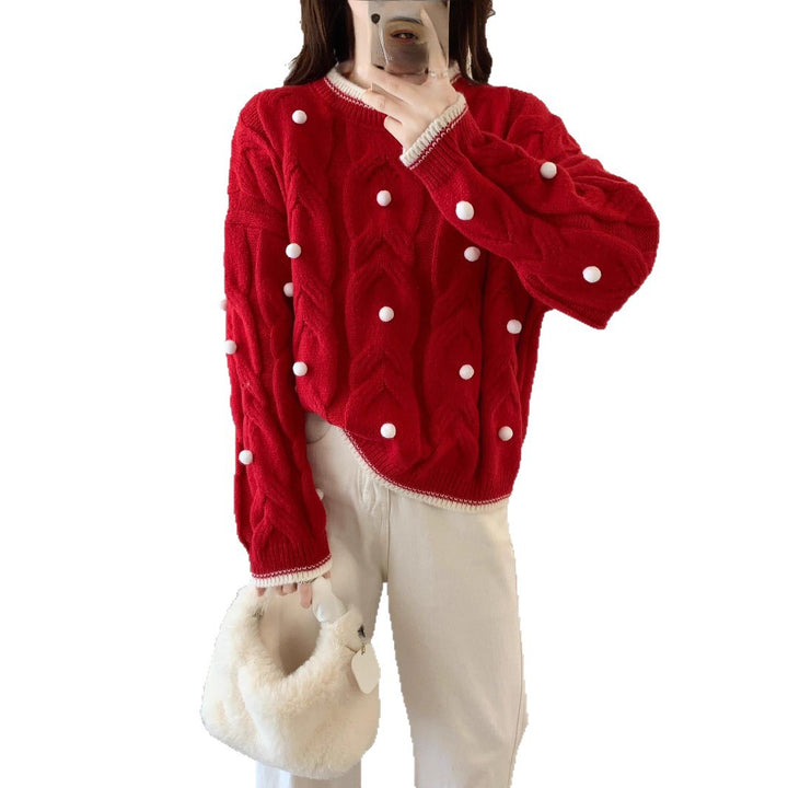 Pull en maille pour femmes avec texture en double câble et pompons décoratifs Chic & Stil