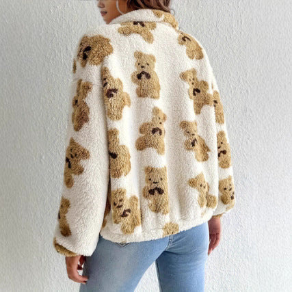 Fleece jacket for women with bear pattern and high collar Lune London