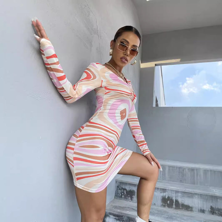 Ladies Long Sleeve Abstract Print Mini Dress Lune London