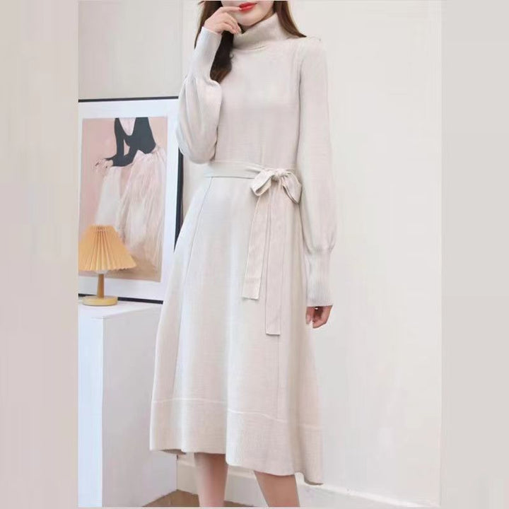 Knitted dress for women with high collar and belt at the waist Lune London
