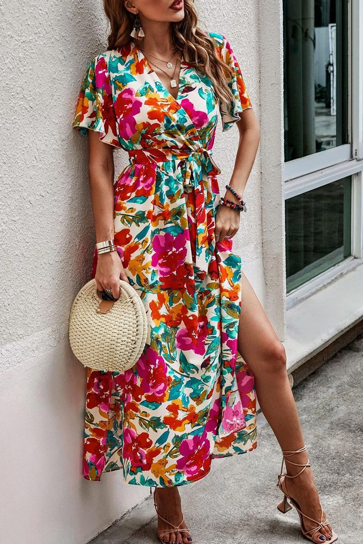 Maxi wrap dress for women with floral print and high slit Lune London