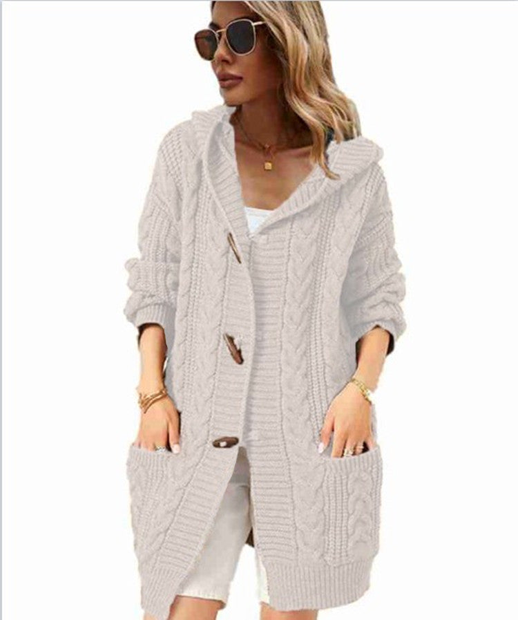 Ladies Large Knit Cardigan with practical pockets and cozy hood Lune London