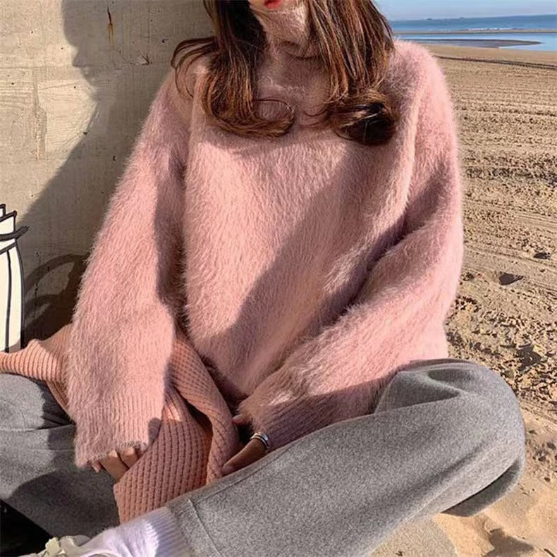 Ladies Soft Sweater with Oversized Cut and Chic High Collar