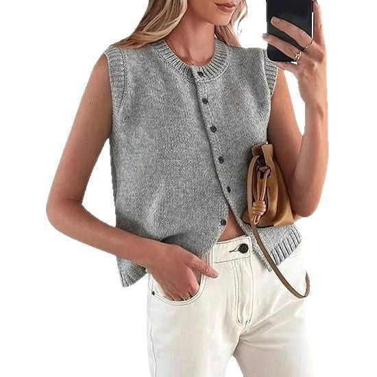 Women's Casual Knitted Vest with Button Placket and Round Neck Lune London