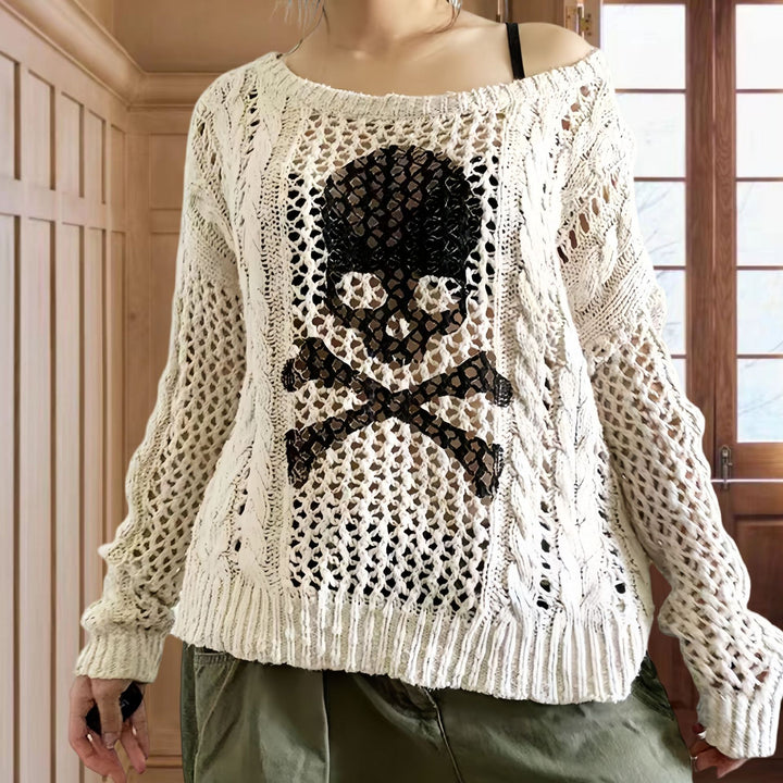 Oversized knit sweater for women with a creative hole pattern and a chic anchor design