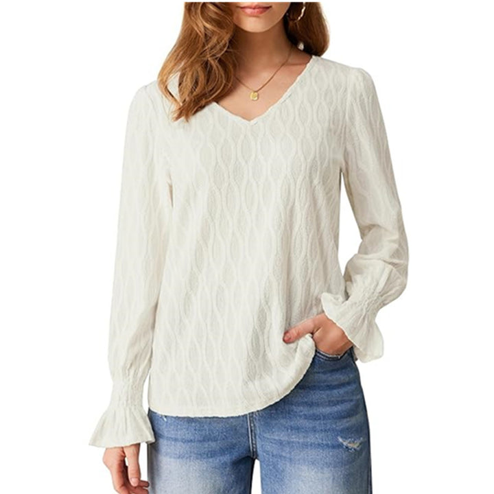 Elegant women's blouse with a V-neck and refined ruffle details Lune London