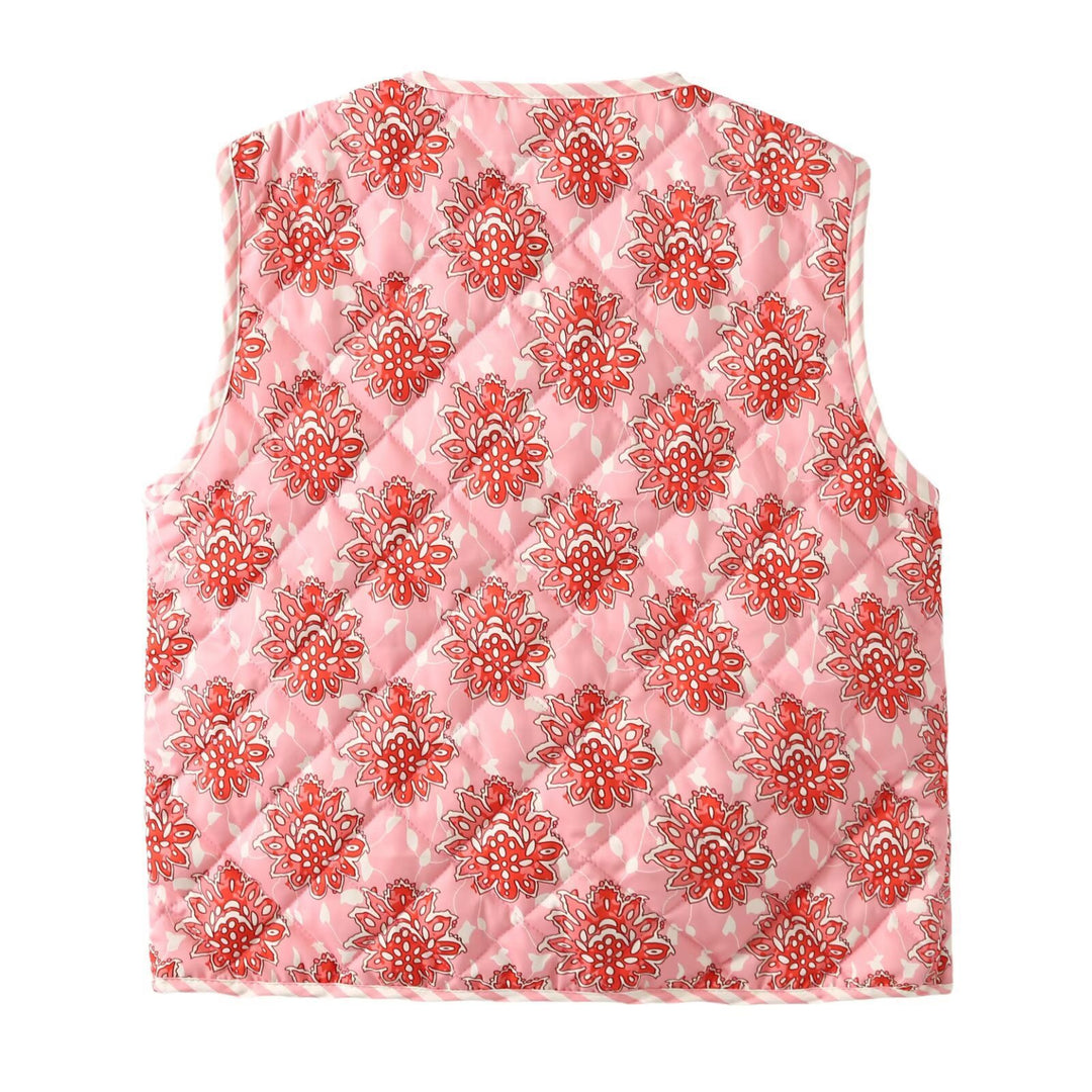 Ladies quilted gilet with floral patterns and tie Lune London