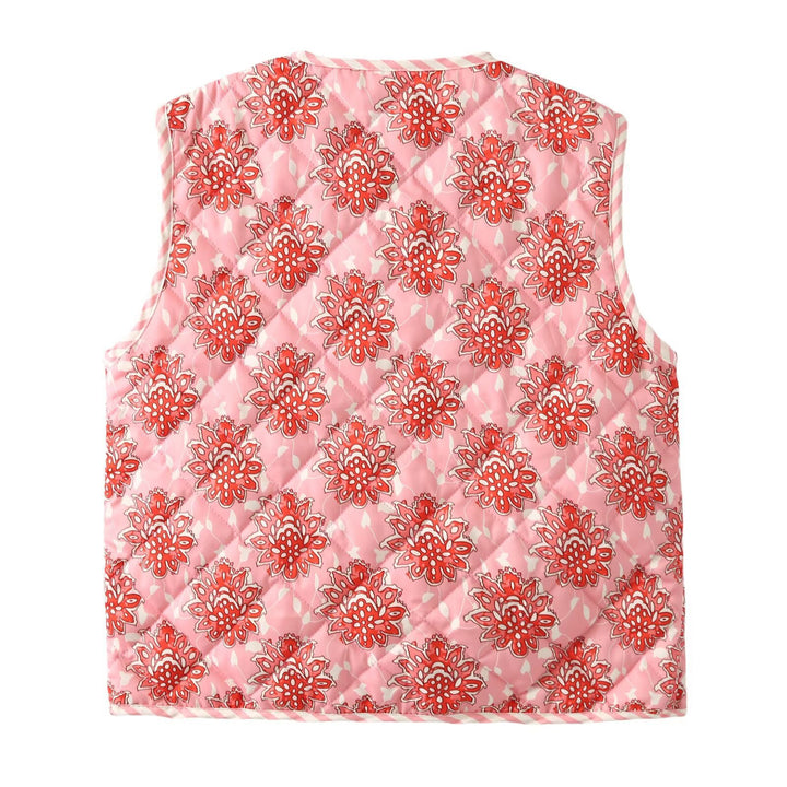 Ladies quilted gilet with floral patterns and tie Lune London