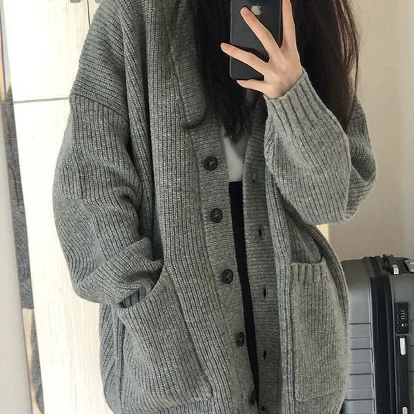 Ladies Large knitted cardigan with deep V-neck and practical pockets Lune London