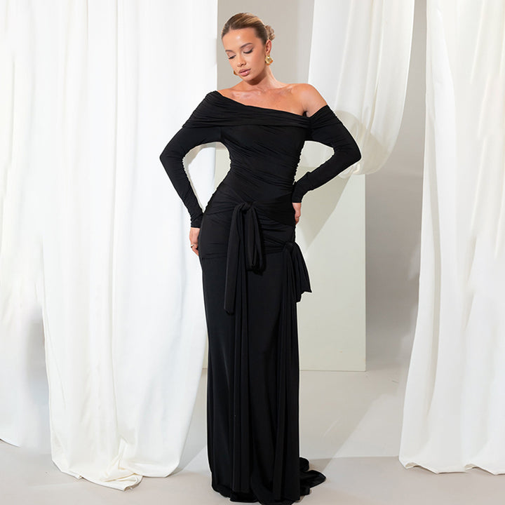 Elegant ladies maxi dress with ruffle details and off-shoulder neckline Lune London