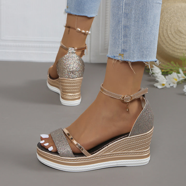 Wedge sandals for women with shimmering upper material and an elegant strap design Lune London
