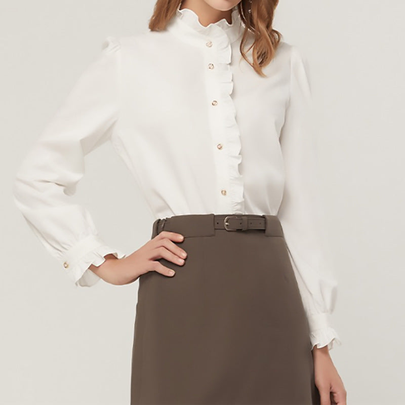 Button-up blouse with gathered high collar for women Lune London
