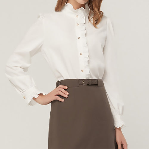 Button-up blouse with gathered high collar for women Lune London