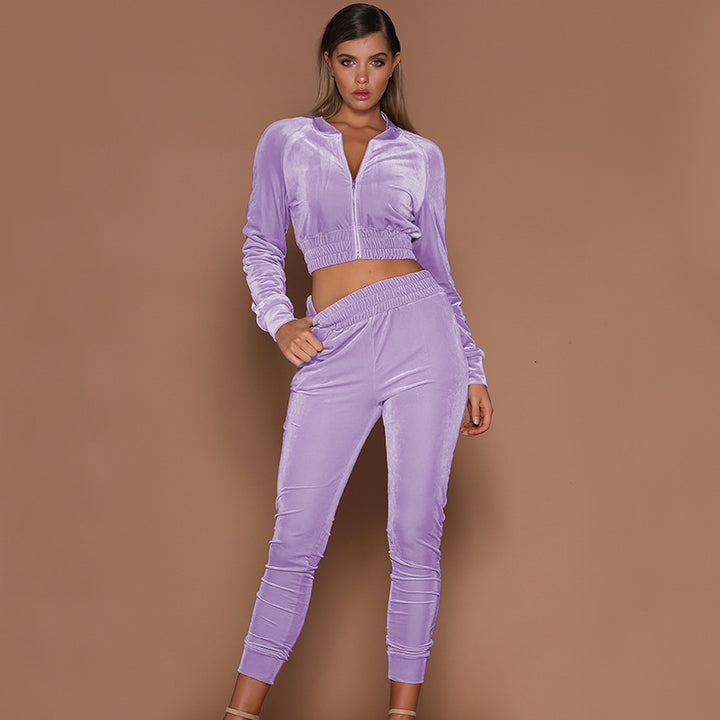 Velour tracksuit for women with high zipper and elastic waist Lune London