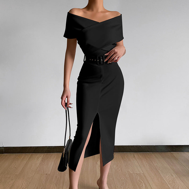 Evening dress for ladies with off-shoulder design and high slit Lune London