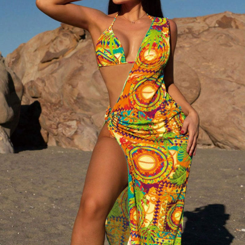 Lune London women's vibrant patterned swimsuit set with sheer cover-up