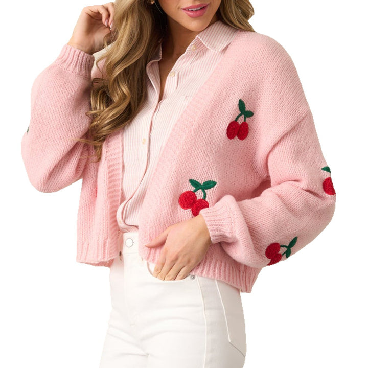 Ladies' cozy knitted cardigan with cherry-inspired appliqués Lune London