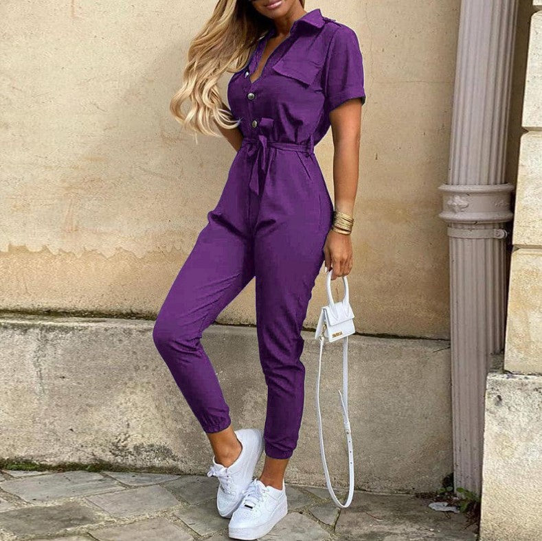 Women Practical jumpsuit with elegant collar and belt at the waist Lune London