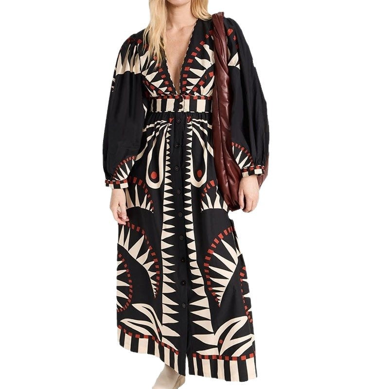 Maxi dress for women with an original geometric pattern and an elegant button placket Lune London