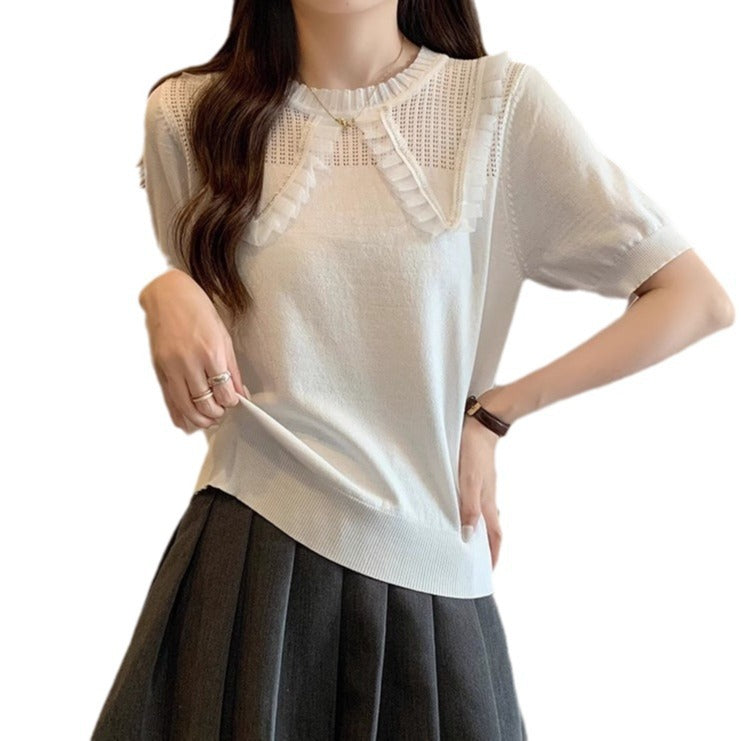 Women Elegant Knit Top with Decorative Ruffle Hem and Breathable Design