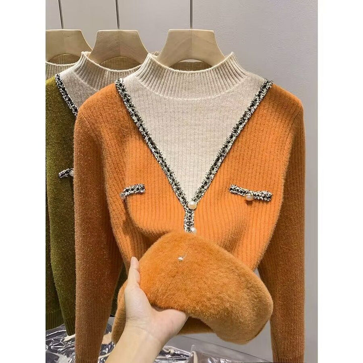 Pull femme à la mode avec col en V, détails scintillants et boutons Chic & Stil