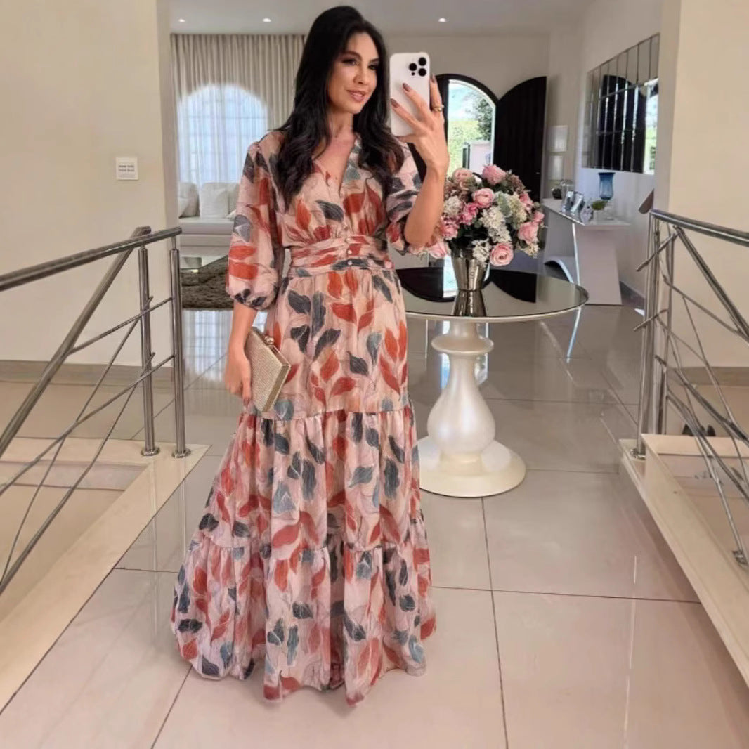 Maxi dress for women with colorful leaf pattern and fitted belt Lune London