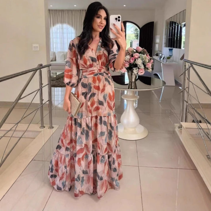 Maxi dress for women with colorful leaf pattern and fitted belt Lune London