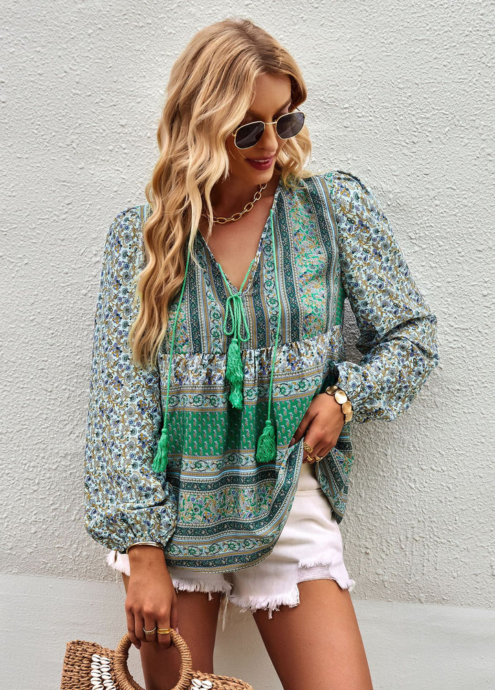 Airy women's blouse with trendy boho pattern and elegant ruffle details Lune London