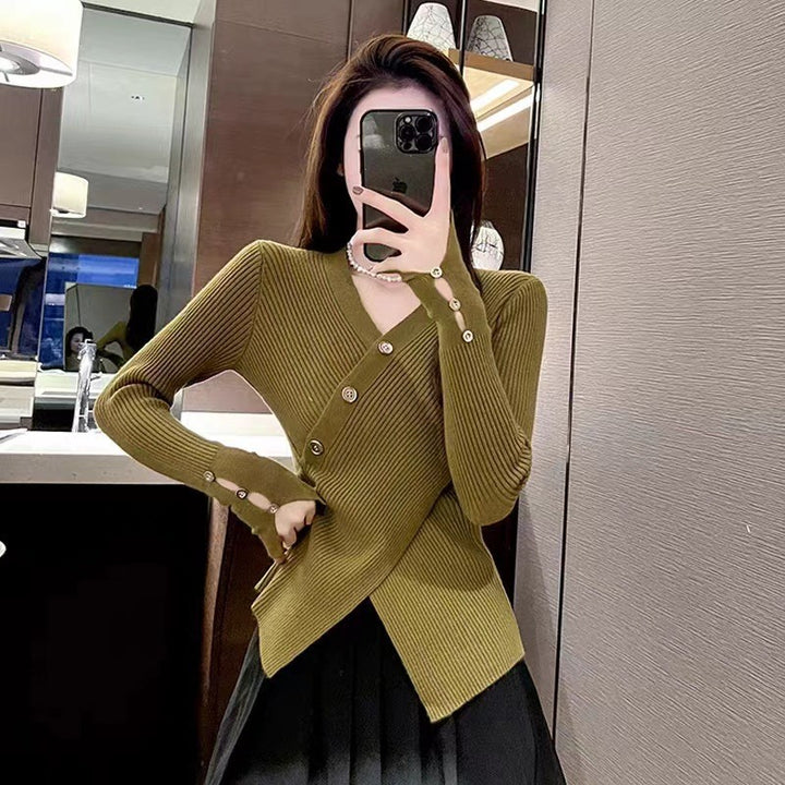 Women's knitted jacket with asymmetrical cut and decorative buttons Lune London