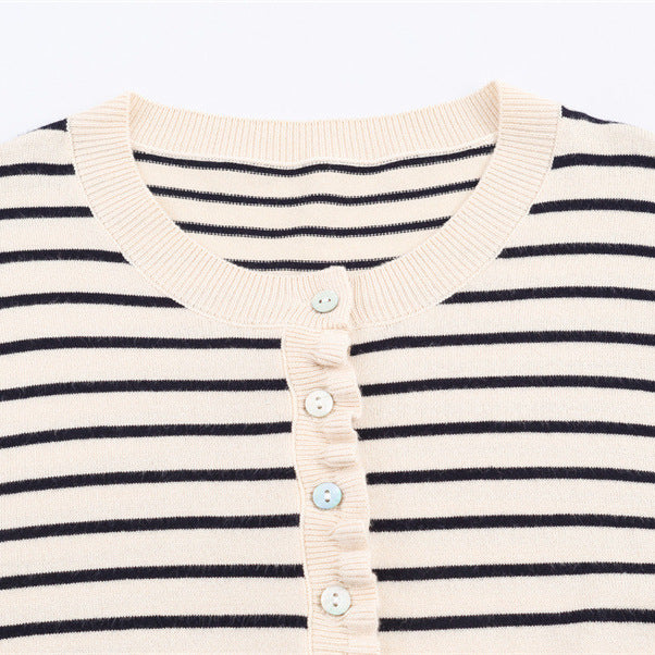 Fashion striped knit jacket for women with ruffled hem and button details Lune London
