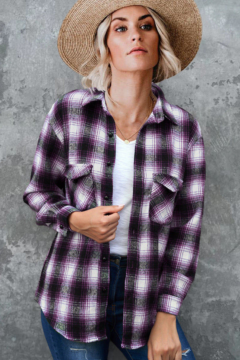 Vintage style women's flannel shirt with check pattern and chest pockets Lune London