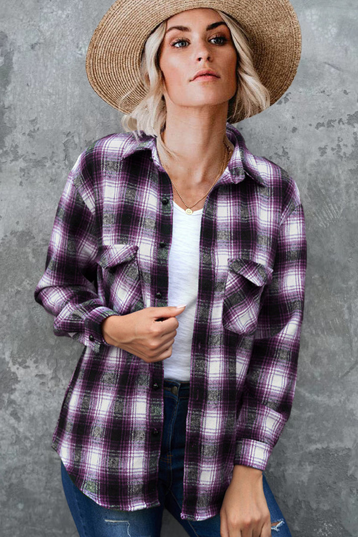 Vintage style women's flannel shirt with check pattern and chest pockets Lune London