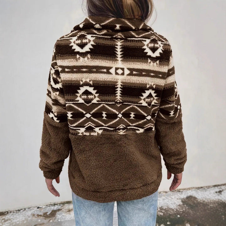 Women's Fleece Pullover with Modern Aztec Pattern and Stand-Up Collar Lune London