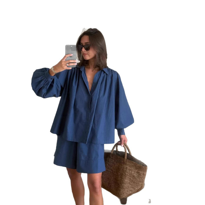 Woman casual outfit combined with loose blouse and shorts Lune London
