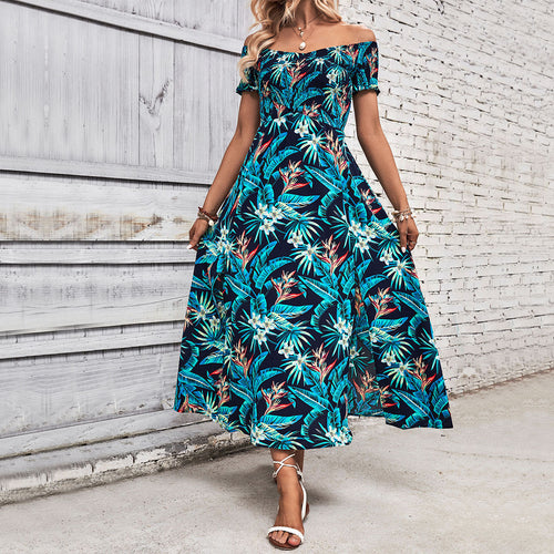 Off-Shoulder Maxi Flower Dress Women with High Split Detail Lune London