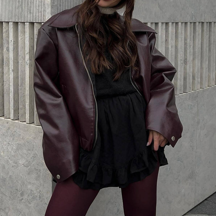 Casual leather jacket for women with a sporty style and elastic belt Lune London