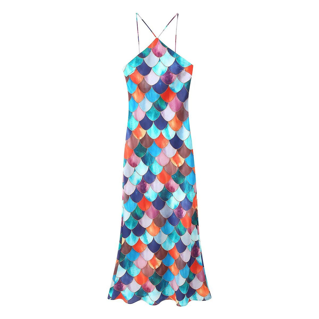 Maxi dress for women in fluid chiffon with marine scale pattern Lune London