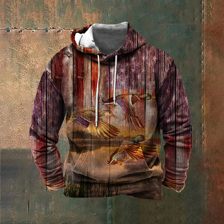 Hooded sweatshirt for men with impressive wild animal print and patriotic accents Lune London