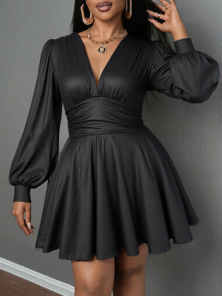 Women's elegant mini dress with deep V-neck and voluminous puff sleeves Lune London
