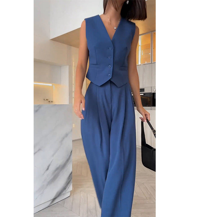 Lune London | Sleeveless V-neck Vest with Wide Leg Pants Ensemble