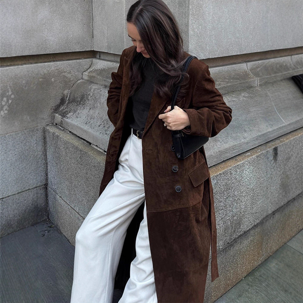 Elegant suede coat for ladies with waist belt Lune London
