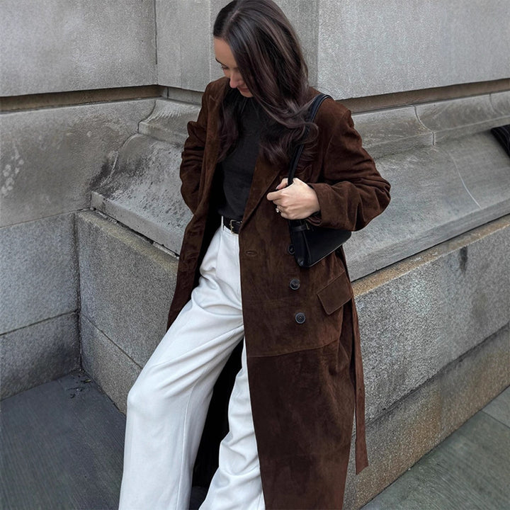Elegant suede coat for ladies with waist belt Lune London
