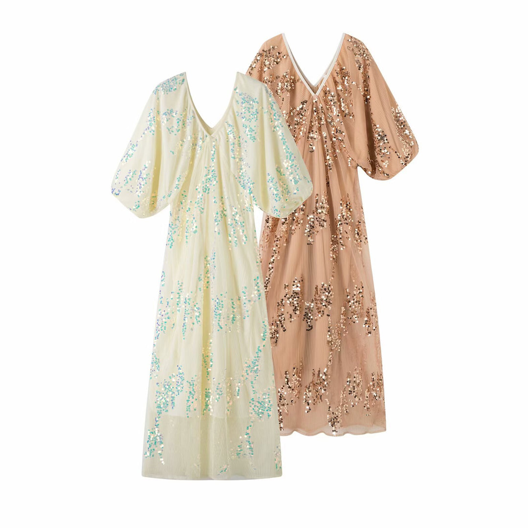 Maxi dress for women with voluminous puff sleeves and a floral rhinestone design Lune London